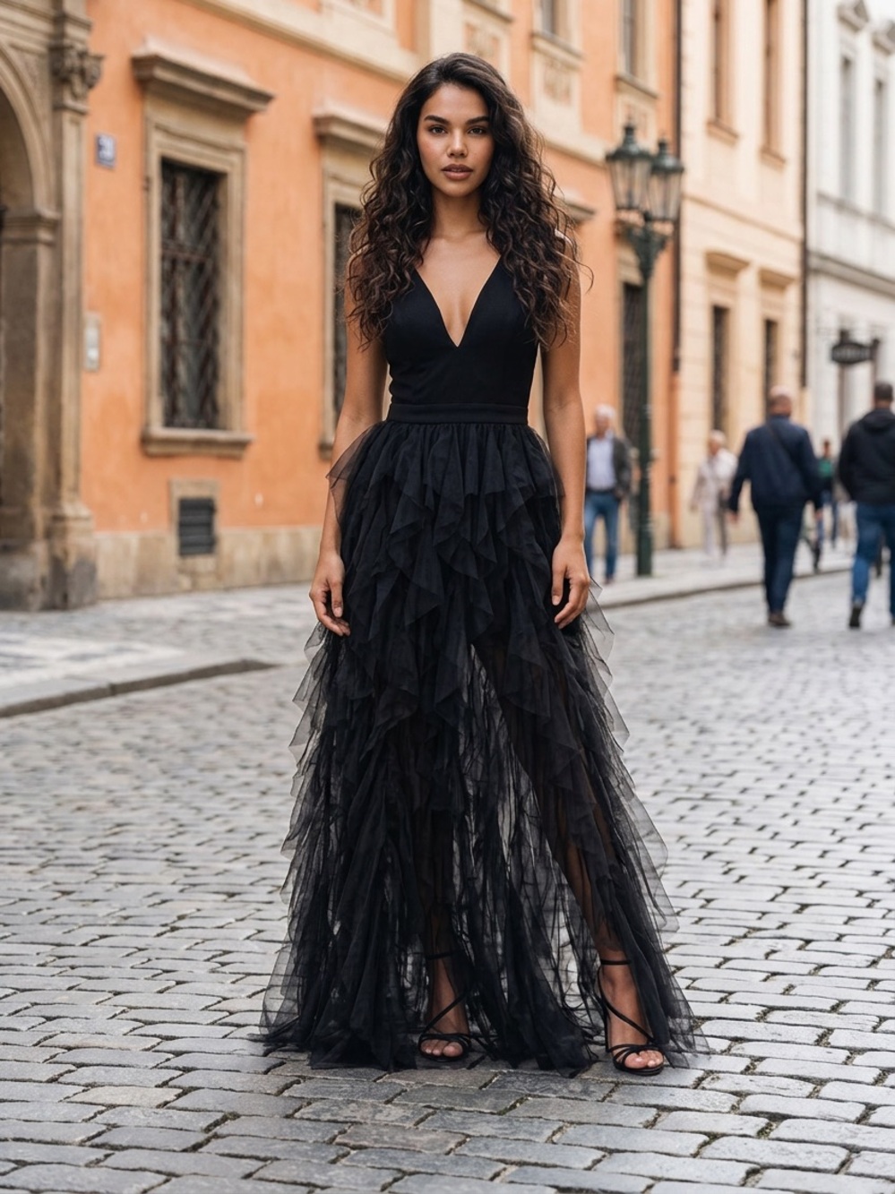 Sexy Black Tiered Tulle Evening Dress